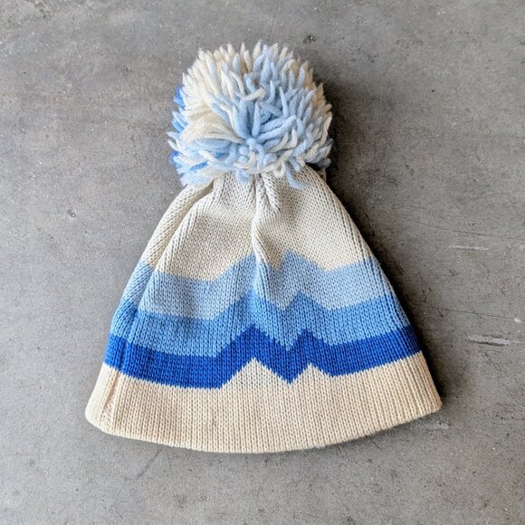 Vintage Smiley Retro Blue Stripe Pom Pom Wool Ski Hat Sparks Nevada Made in USA - Picture 8 of 8